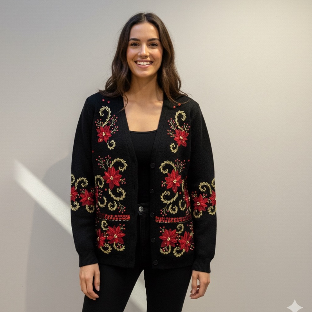 Black Christmas Cardigan with Red Poinsettia Floral Embroidery
